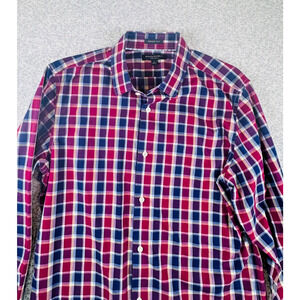 Banana Republic Mens L Grant Fit Non-Iron Dress Shirt Red Blue Plaid L 16-16.5